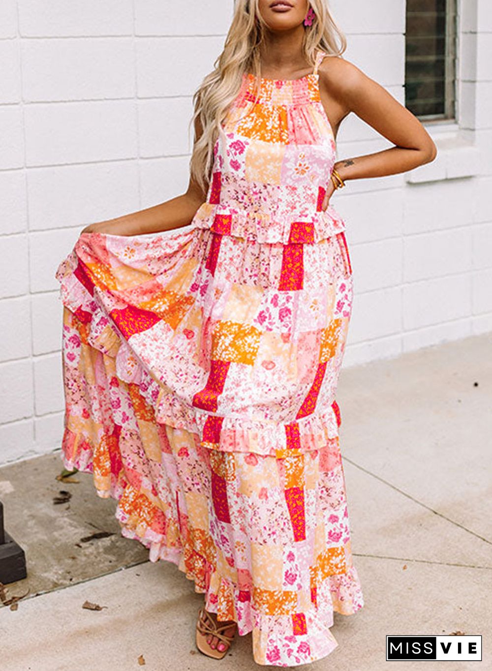 Multicolor Boho Geometric Floral Print Sleeveless Maxi Dress