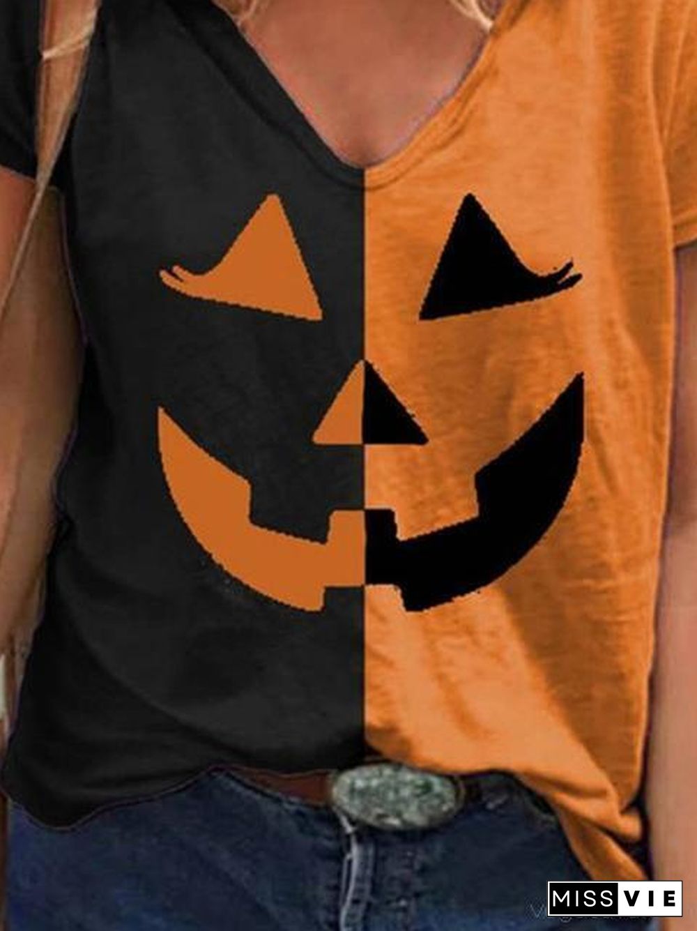 Halloween Pumpkin Print Contrast T-Shirt