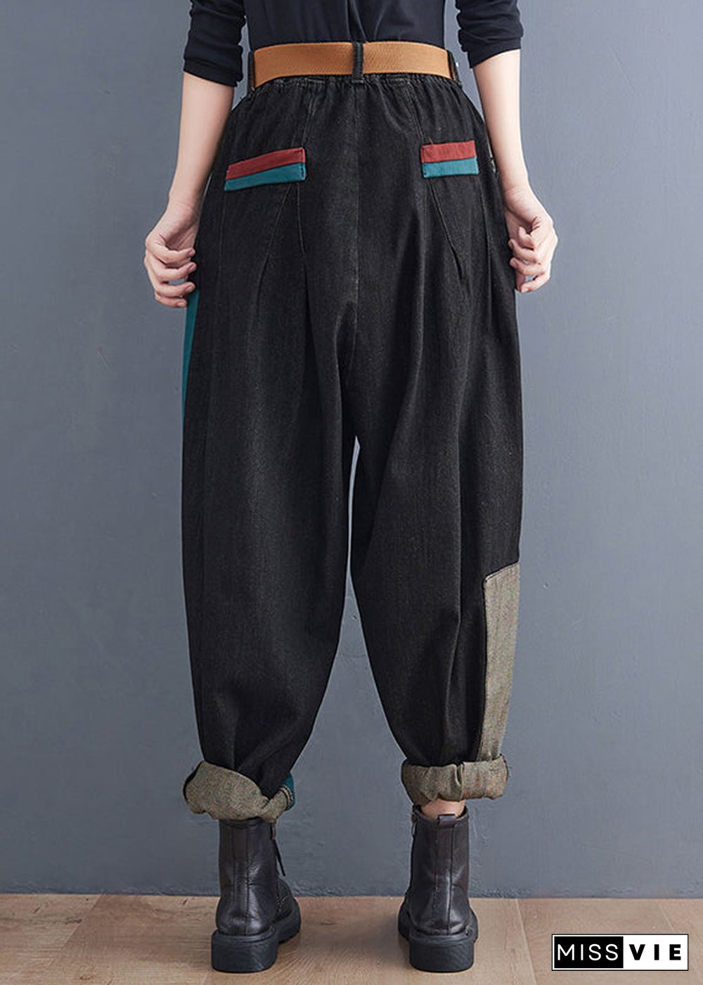 Streetwear Colorblock Pockets Patchwork Cotton Denim Harm Pants Summer