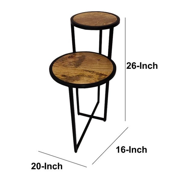 Two Tier Round Wooden Side Table with Metal Frame， Brown and Brass - 13 L X 20 W X 26 H Inches