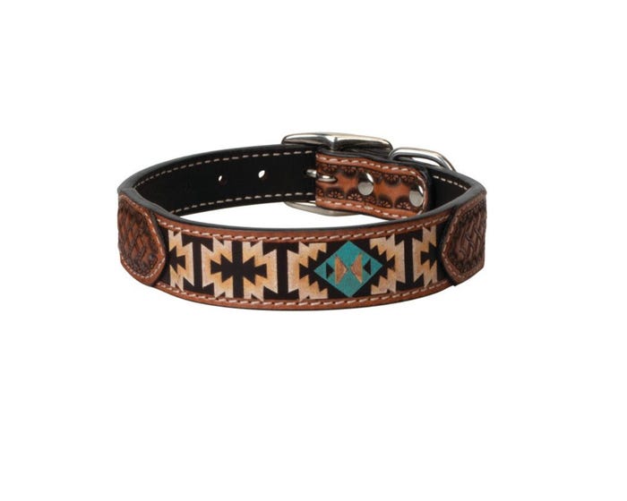 Weaver Pet Leather Dog Collar， Painted Aztec， 1