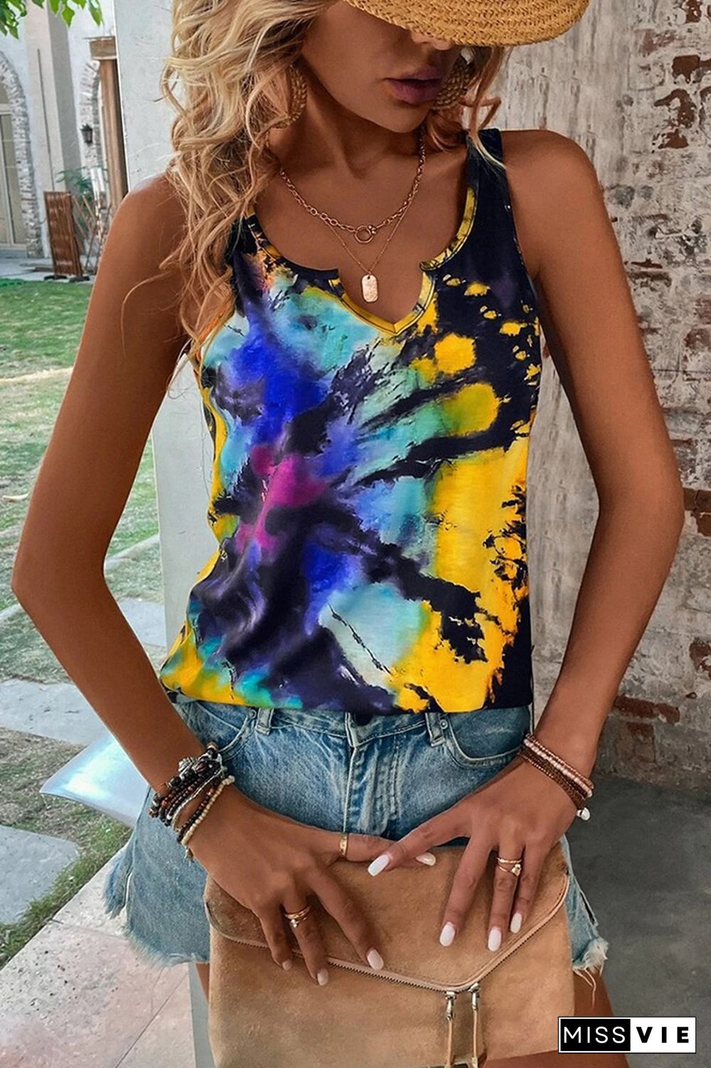 Split V Neck Tie Dye Tank Top