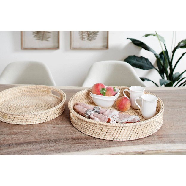 Set Of 2 Round Handwoven Natural Bamboo Trays Brown Olivia amp May