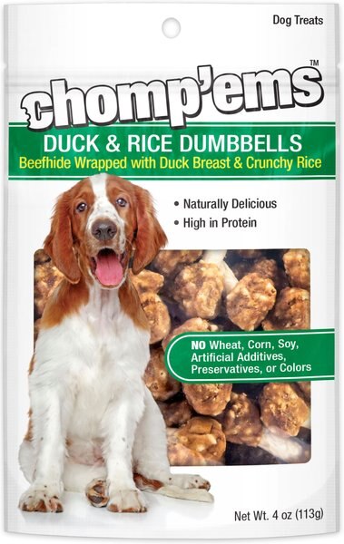 RUFFIN' IT Chomp'ems Duck and Rice Dumbbells Jerky Dog Treats， 4-oz bag