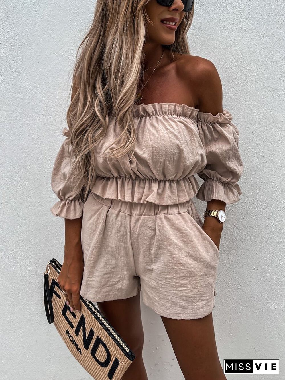 Unique Summer Off Shoulder Linen Shorts Suit P16107