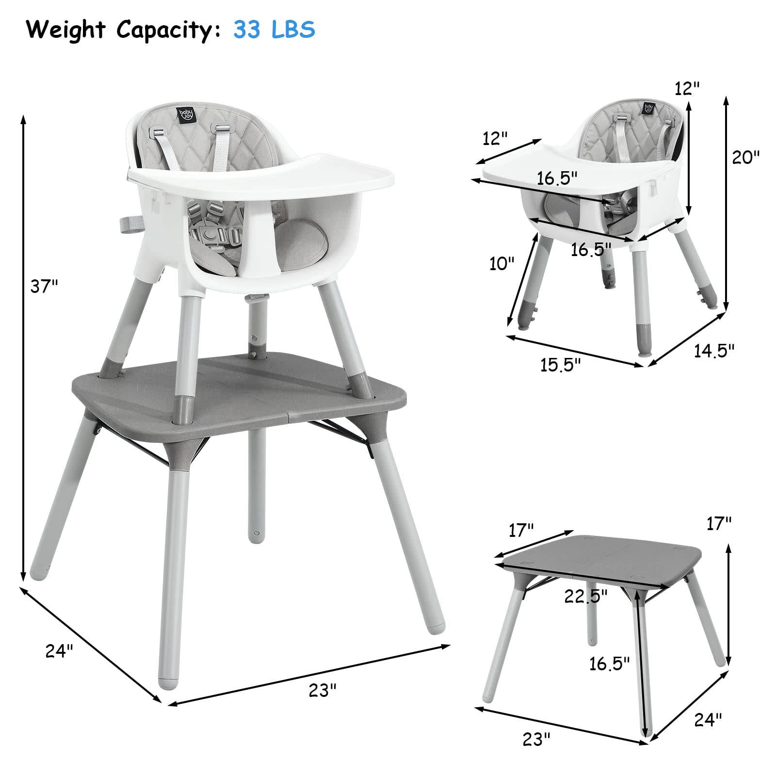 Costzon 4 in 1 Convertible High Chair, Infant Dining Chair Booster Seat with Removable Tray