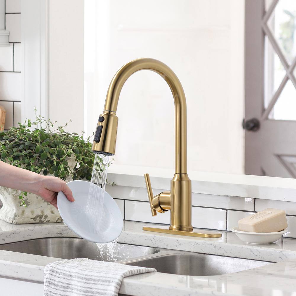 WOWOW Single-Handle Wall Mount Gooseneck Pull Down Sprayer Kitchen Faucet with Deckplate Included in Brushed Gold 2312701G-AMUS