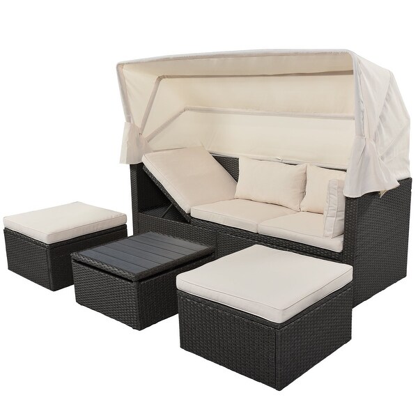 4Piece Outdoor Wicker Sectional Patio Daybed with Canopy and Ottoman