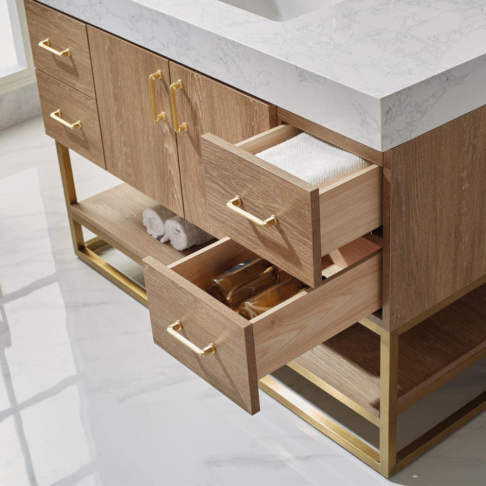 ROSWELL Alistair 48 in Bath Vanity in North American Oak with Grain Stone Top in White with White Basin