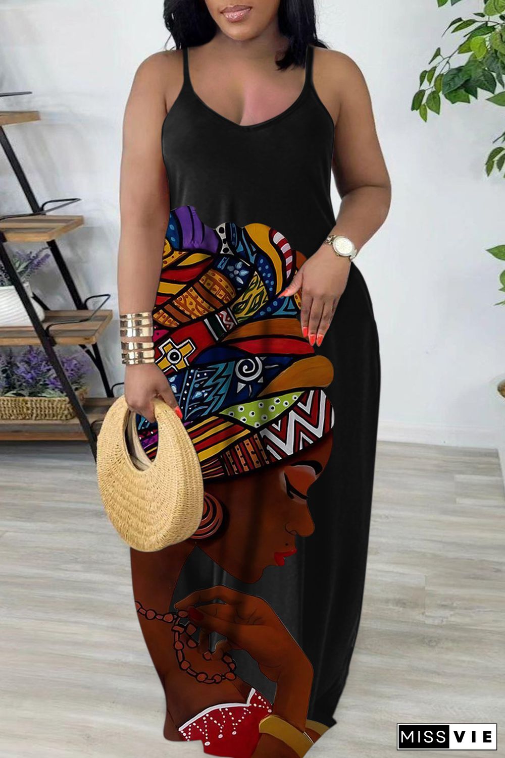 Black White Sexy Casual Print Backless Spaghetti Strap Long Dress Dresses