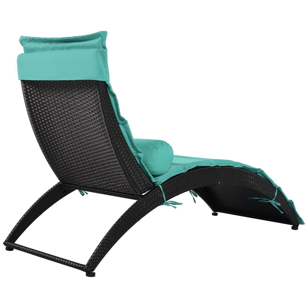 Black Wicker Sun Lounger  PE Rattan Foldable Chaise Lounger with Removable Turquoise Cushion and Bolster Pillow(2 Pack)