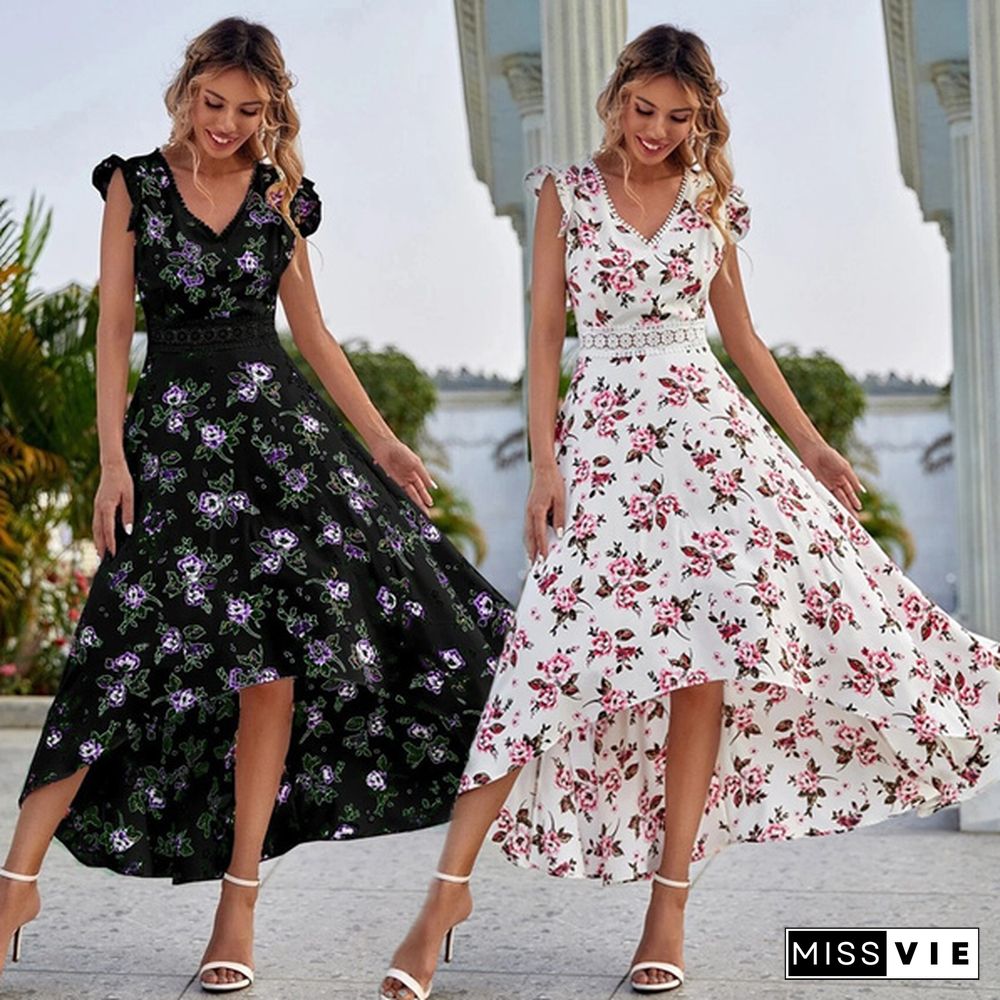 Summer Dresses Women Fashion V-neck Sleeveless Lace Patchwork Floral Print Holiday Long Dress Casual Vestido Party Dress