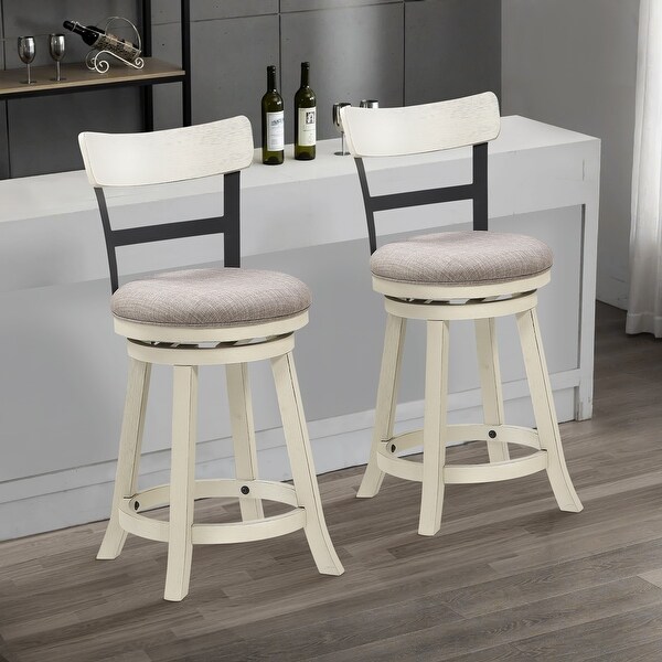 24 Inch Handcrafted 360 Degree Swivel Counter Stool， Curved Open Back， White Wood Frame， Cream Cushioned Seat