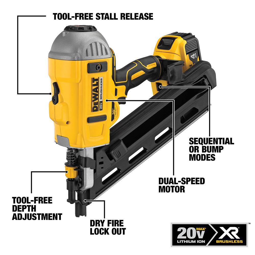 DW 20V MAX XR Lithium-Ion 30-Degree Cordless Brushless 2-Speed Framing Nailer and 18-Gauge Brad Nailer (Tools Only) DCN692M1680B