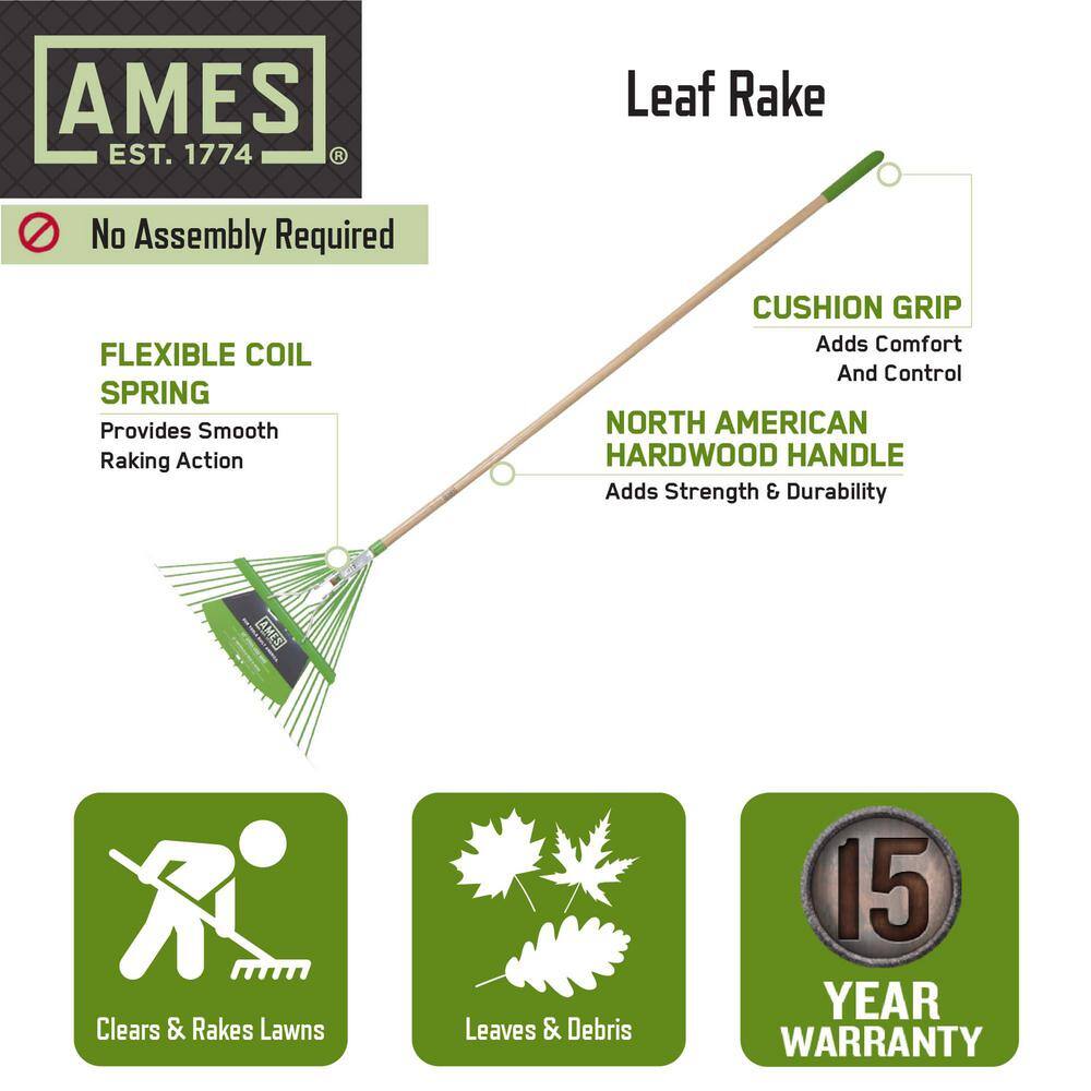 Ames 54 in. Wood Handle 22-Tine Steel Leaf Rake 2915600