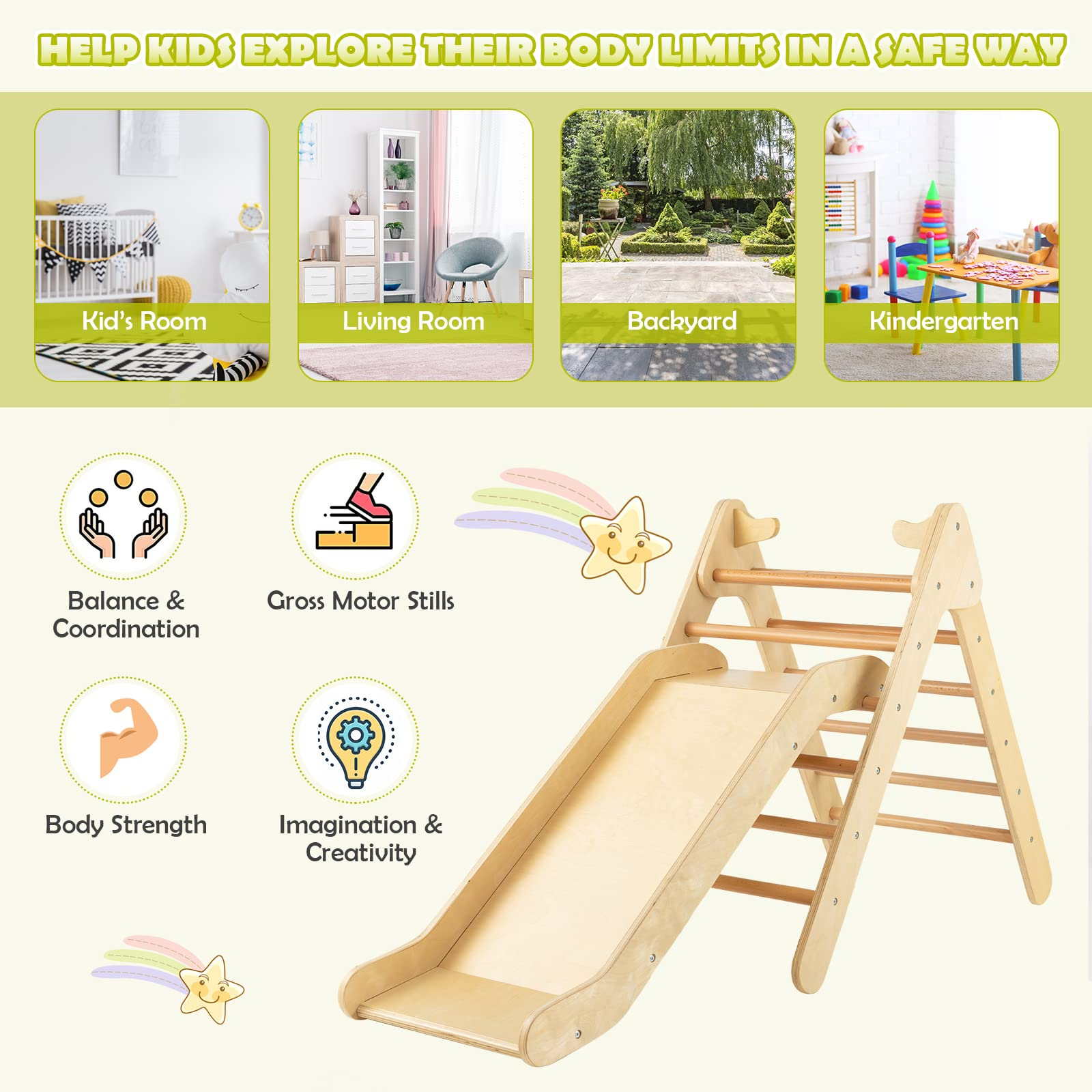 Costzon Wooden Climbing Toys for Toddlers, 2 in 1 Montessori Triangle Climber with Adjustable Angle Ramp for Slide