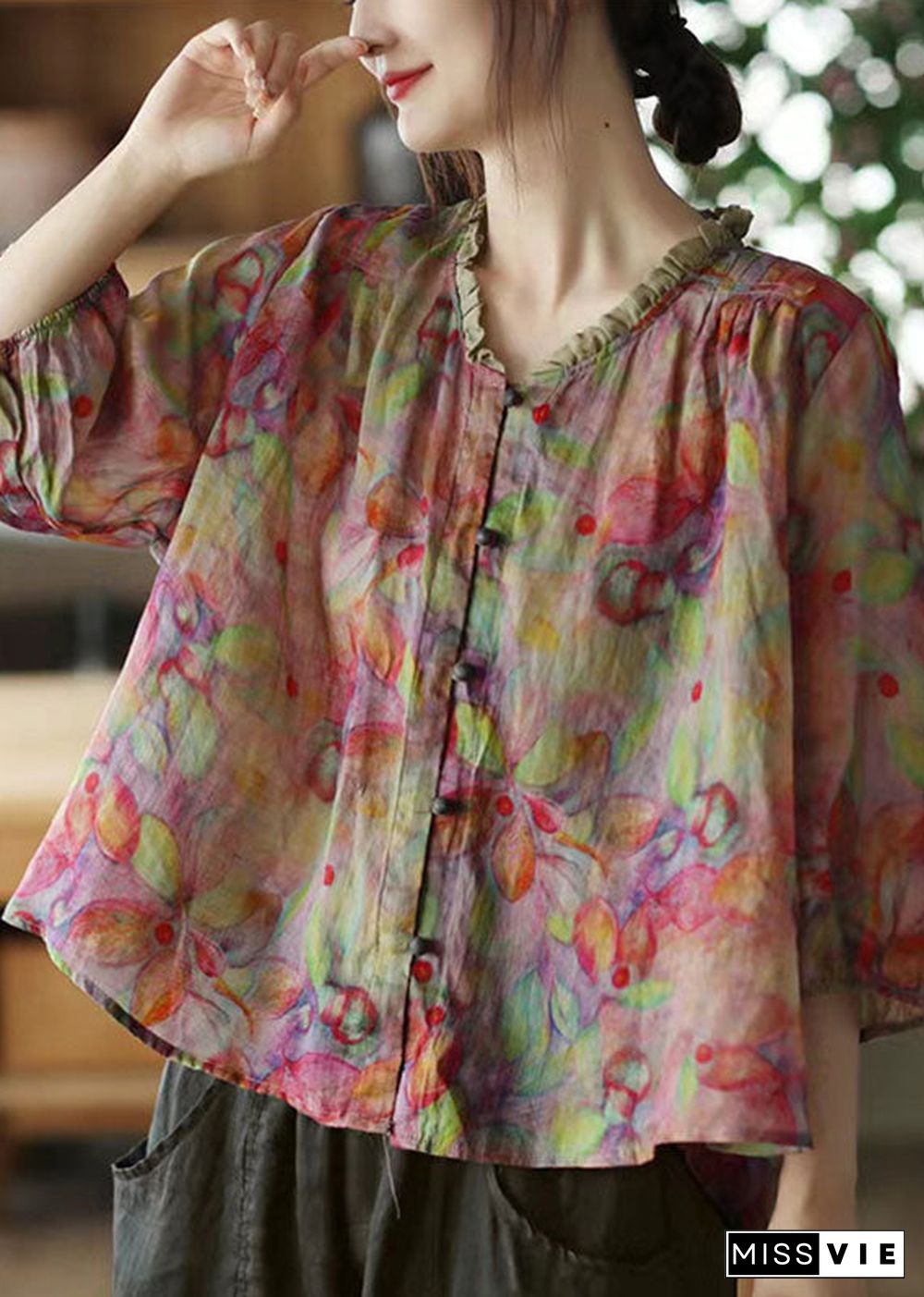 Plus Size Pink-Print3 V Neck Ruffled Print Linen Blouse Top Half Sleeve