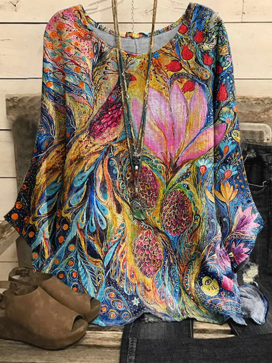 Round Neck Casual Loose Peacock Floral Print Long Sleeve Blouse