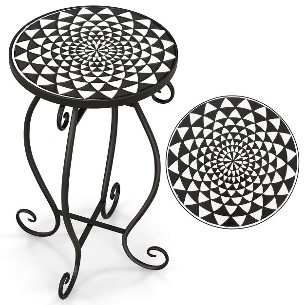 Costway Mosaic Outdoor Side Table Round End Table With Weather Resistant Ceramic Tile Tabletop