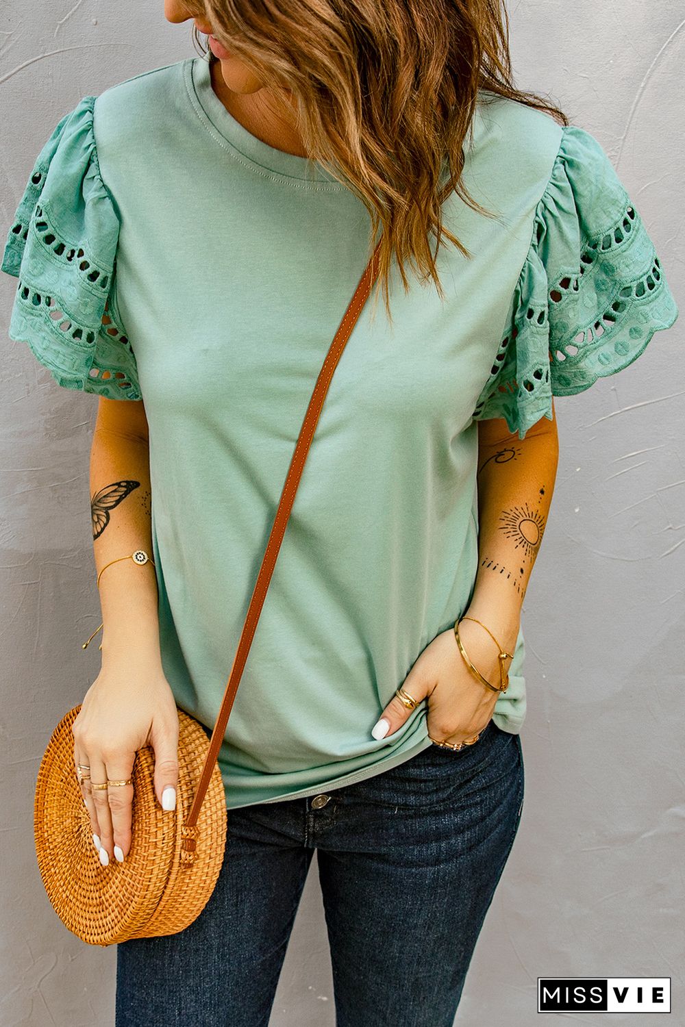 Green Hollow Out Ruffle Sleeve T-shirt