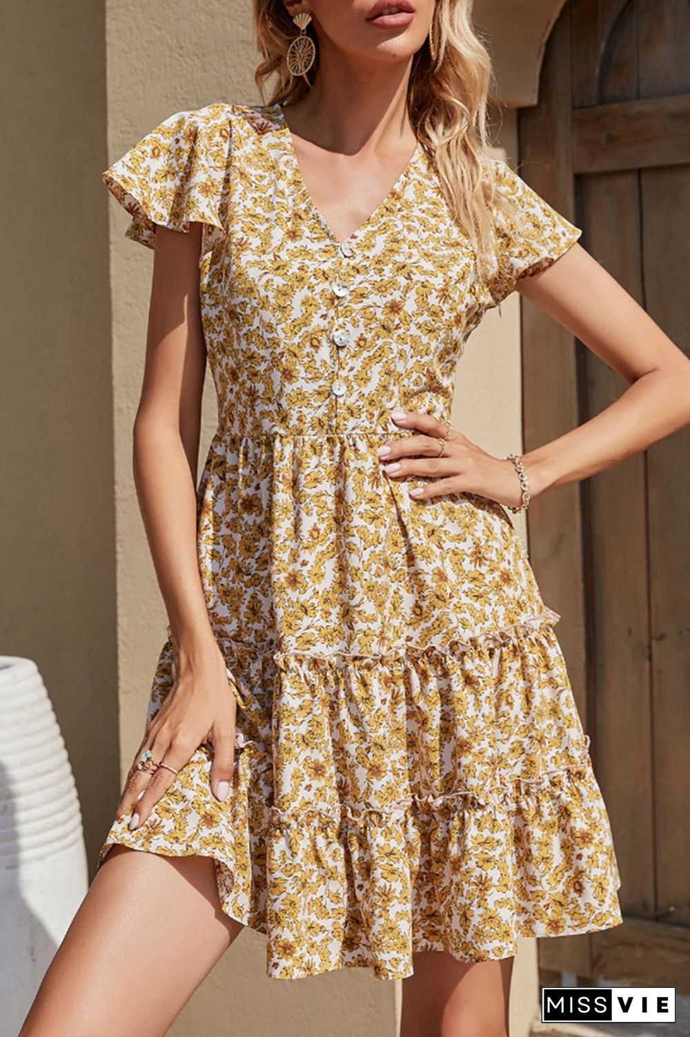 Fashion Elegant Floral Buckle Flounce V Neck A Line Dresses