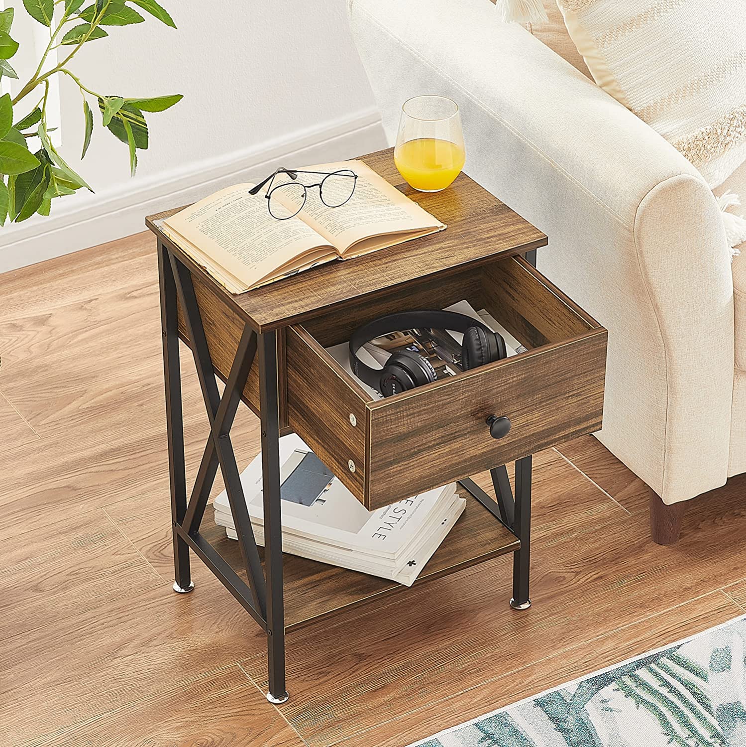 YELROL Nightstand Set of 2  Modern Bedside End Tables  Night Stands with Drawer and Storage Shelf for Living Room Bedroom  Industrial Metal Frame  Brown