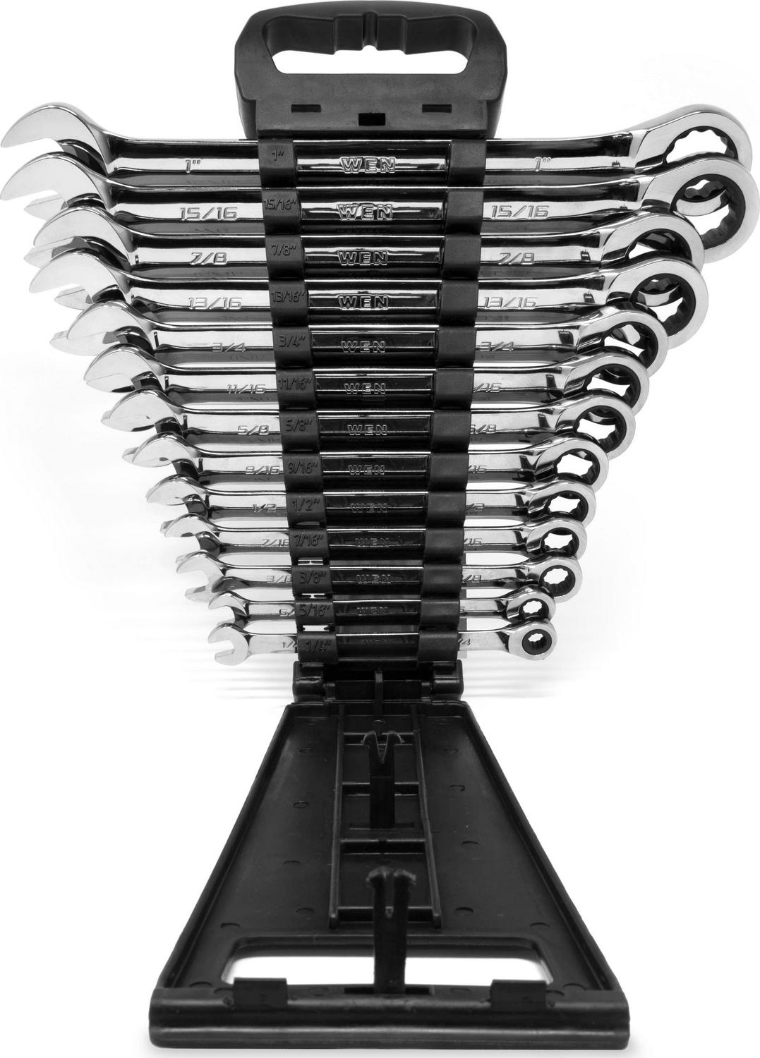 WEN 13-Piece Professional-Grade Ratcheting SAE Combination Wrench Set with Storage Rack