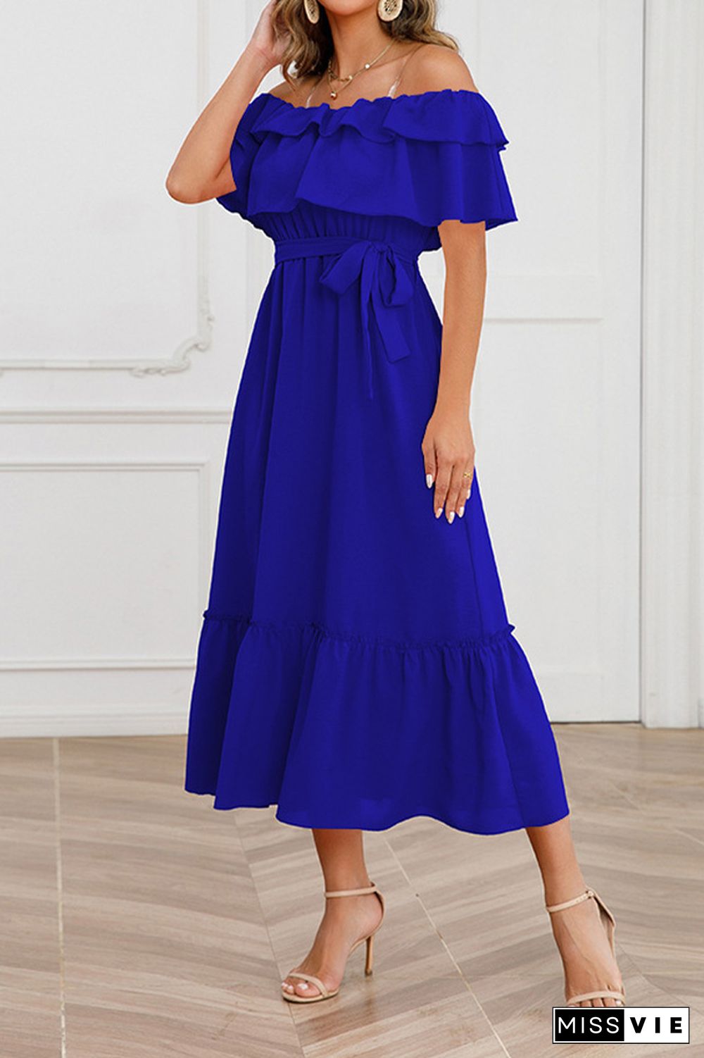 Plain Off Shoulder Ruffles Maxi Dress With Sash