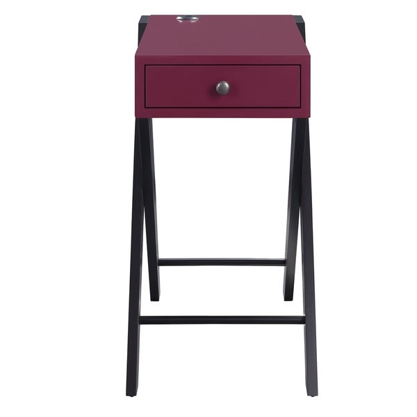 Wooden Frame Side Table with X Shaped Legs and 1 Drawer， Purple and Black