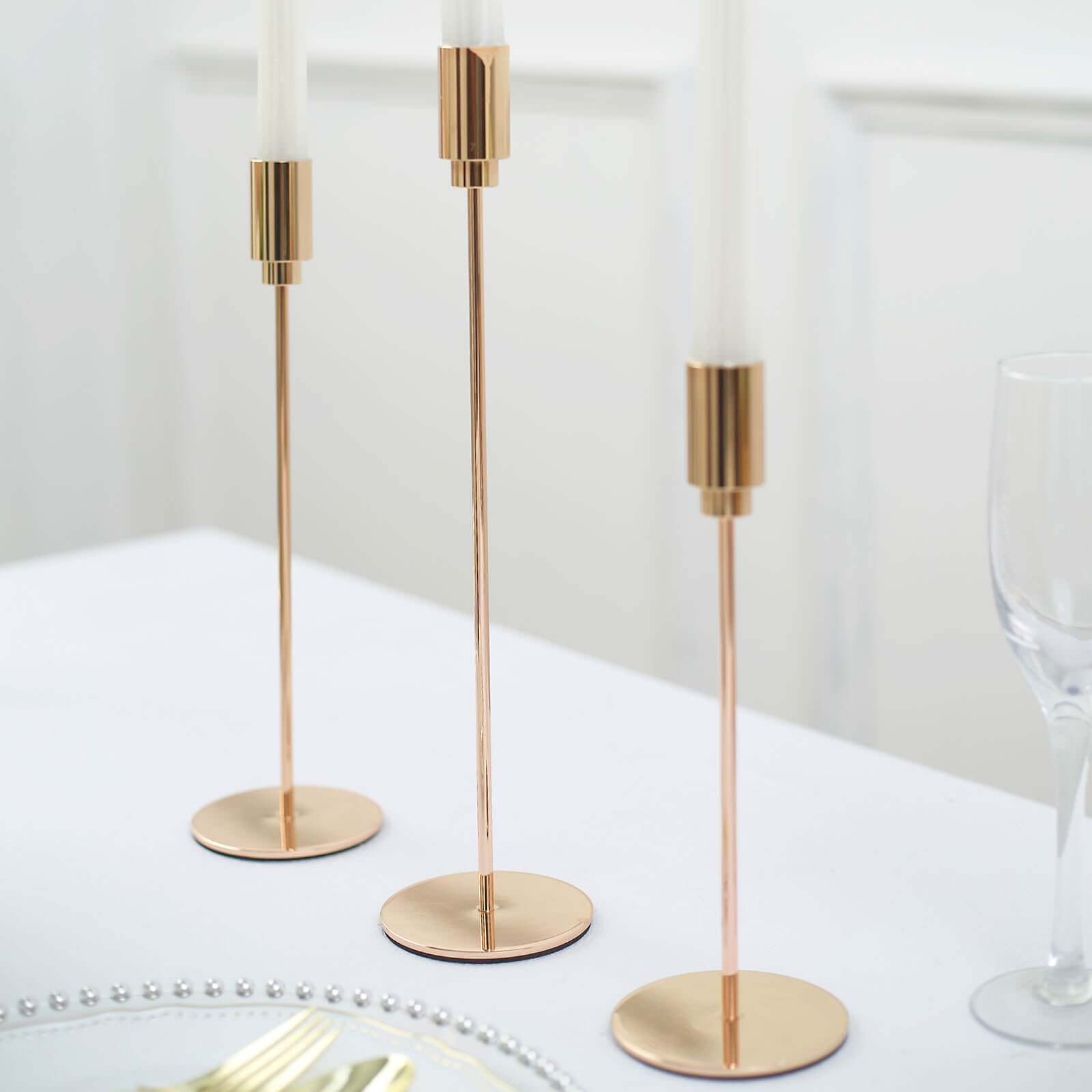 Set of 3 Gold Metal Taper Candle Stands With Round Solid Base, Decorative Candlestick Holder Set 9