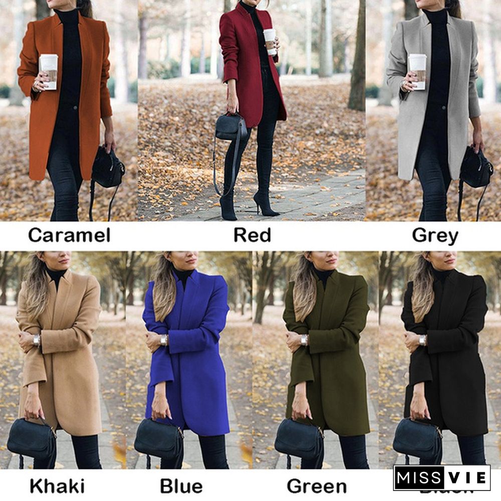 Autumn Winter Women's Fashion Lapel Open Front Slim Fit Overcoat Elegant Solid Color Mid Long Coat Classic Retro Blazer Cardigan Outwear