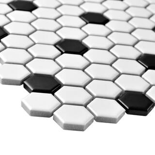 Merola Tile Metro Hex Matte White with Black Dot 10-14 in. x 11-78 in. Porcelain Mosaic (8.6 sq. ft.Case) FDXMHMWD