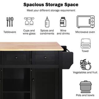 Black Wood 53.1 in. Kitchen Island on 5-Wheels with Storage Cabinet and 3-Drawers for Dinning Room LH-703