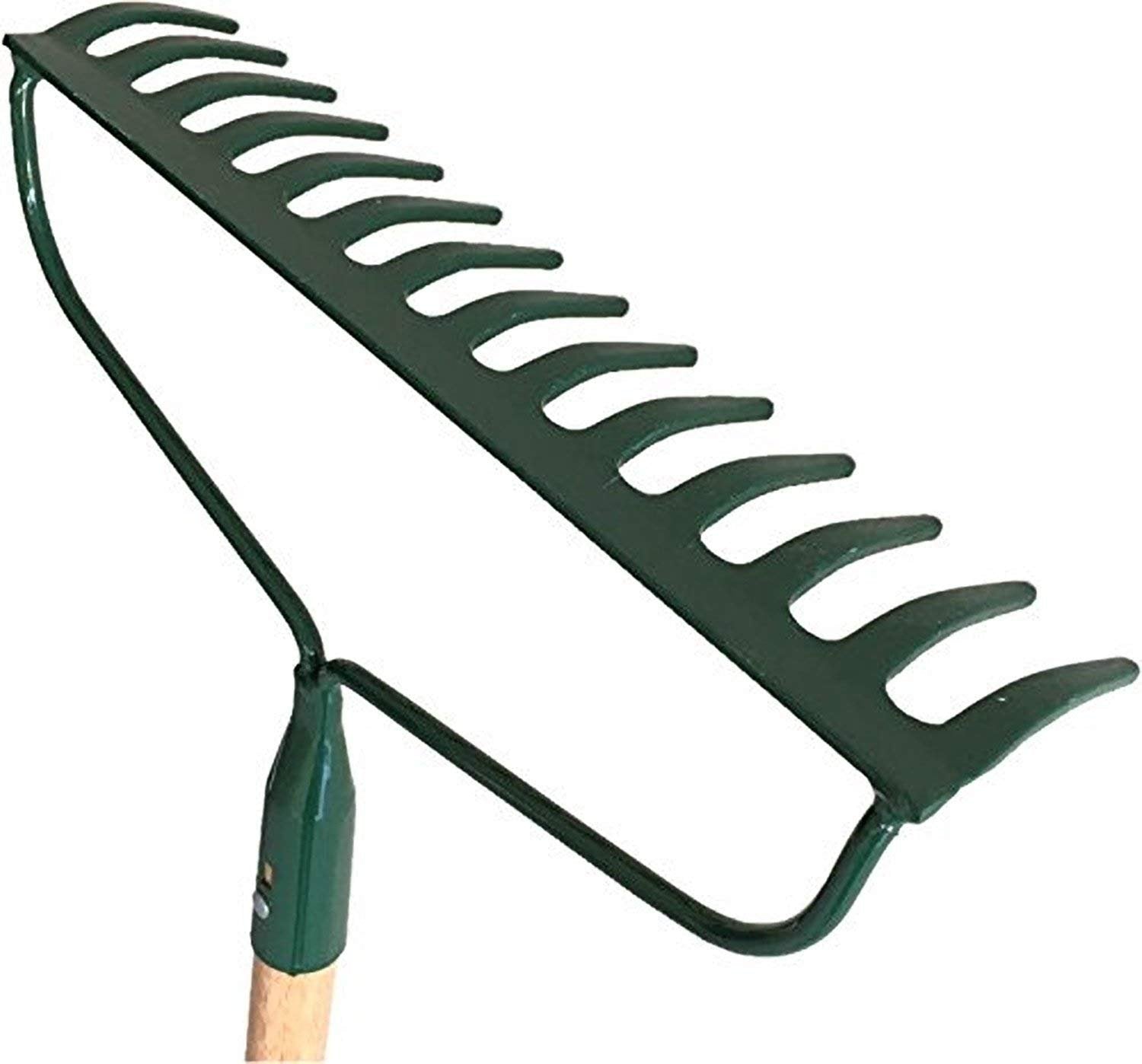 HEAVY-DUTY Garden Bow Rake Wood Handle Landscape Cultivator Gardening tool for loosening and leveling mulch, peat moss and loose or heavy soils 14-Tine Tempered Steel head and extra thick end teeth