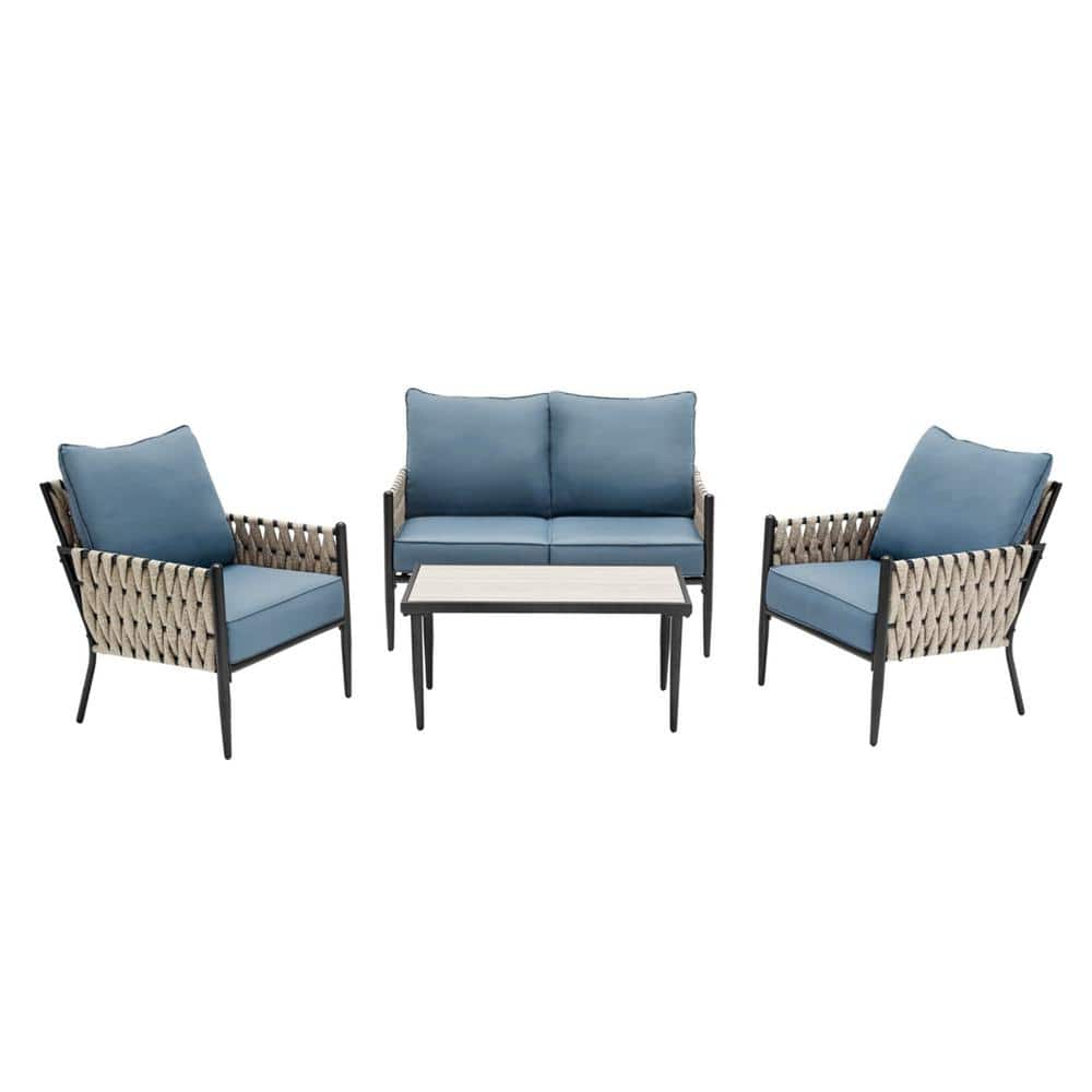 Hampton Bay Dockview 4-Piece Metal Outdoor Patio Conversation Set with Blue Cushions 505.0560.000