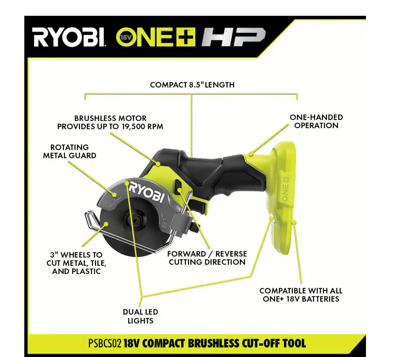 RYOBI PSBID01K-PSBCS02B ONE+ HP 18V Brushless Cordless Compact 1/4 in. Impact Driver and Cut-Off Tool， (2) 1.5 Ah Batteries， Charger， and Bag