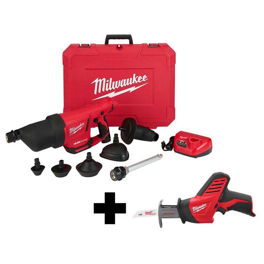 MW M12 12V Lithium-Ion Cordless Drain Cleaning Airsnake Air Gun Kit with M12 HACKZALL Reciprocating Saw 2572B-21-2420-20