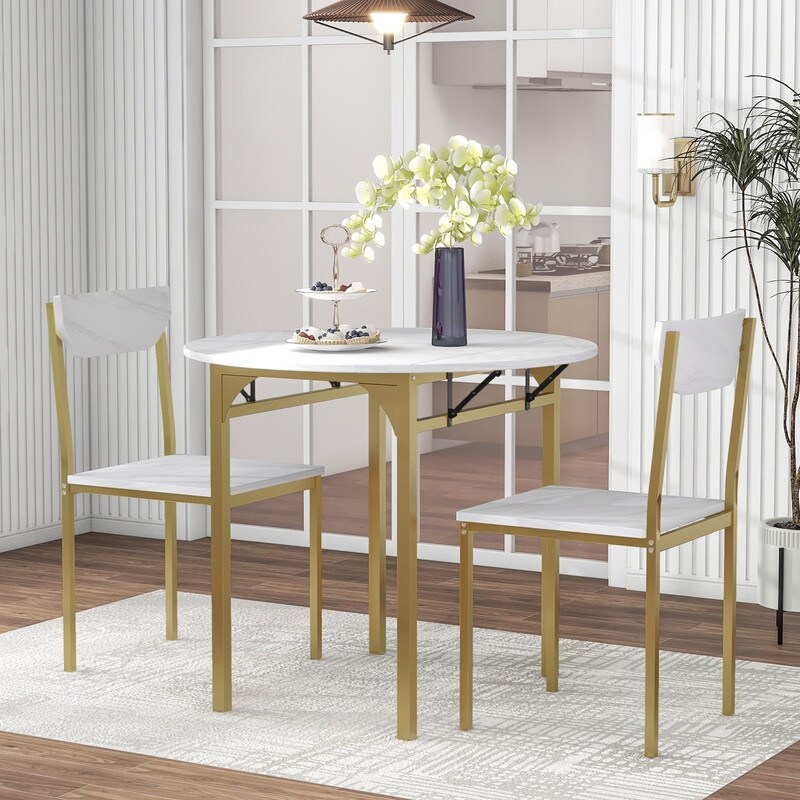 3 Piece Drop Leaf Dining Table Set， Modern Counter Height Round Dining Set with 2 Chairs， Wood Small Kitchen Table Set