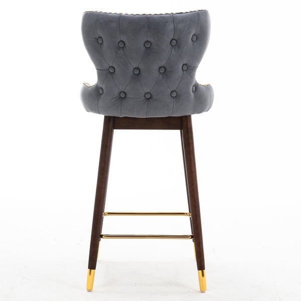 Modern Leathaire Fabric Bar Chairs with Tufted Gold Nailhead Trim Bar Stools and Footrest Set of 2 for Restaurant， Bistro