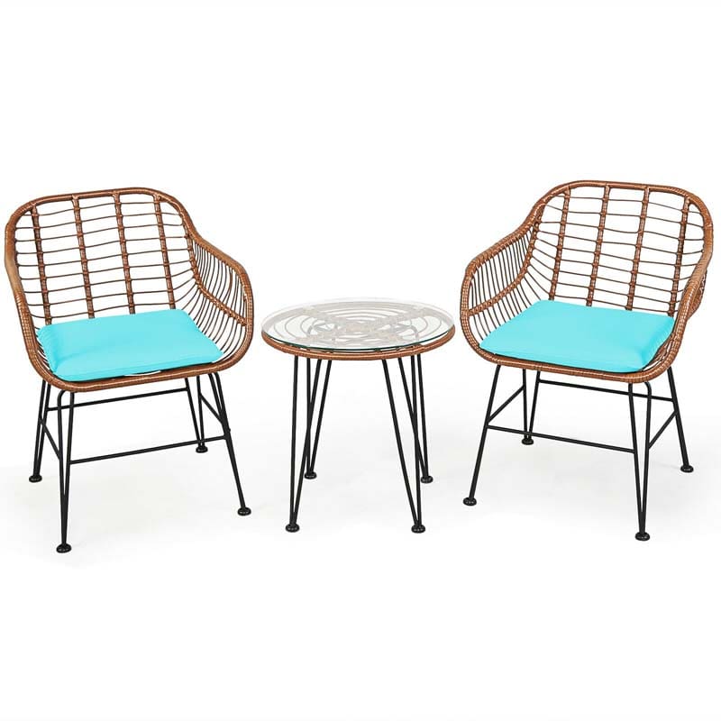 3 Pcs Patio Conversation Bistro Set Outdoor Rattan Furniture Set with Round Table & 2 Rattan Cushioned Armchairs