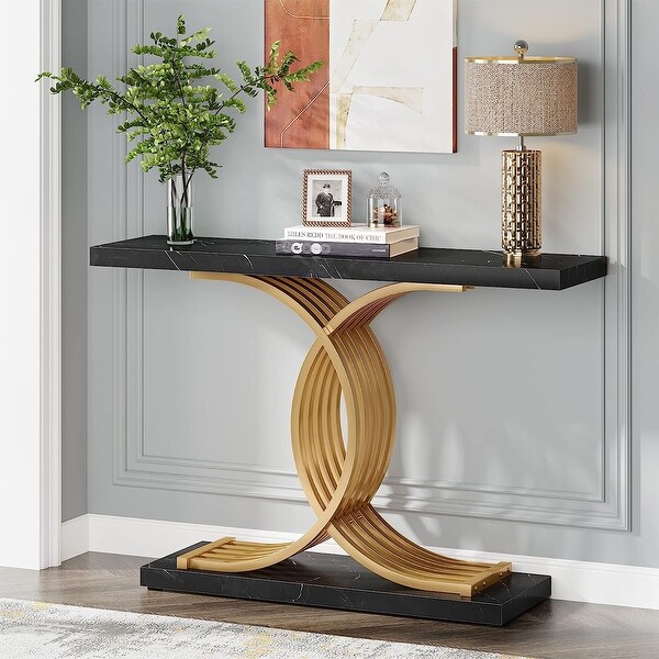 Console Table， Faux Marble Hallway Table with Geometric Metal Legs - 11.81