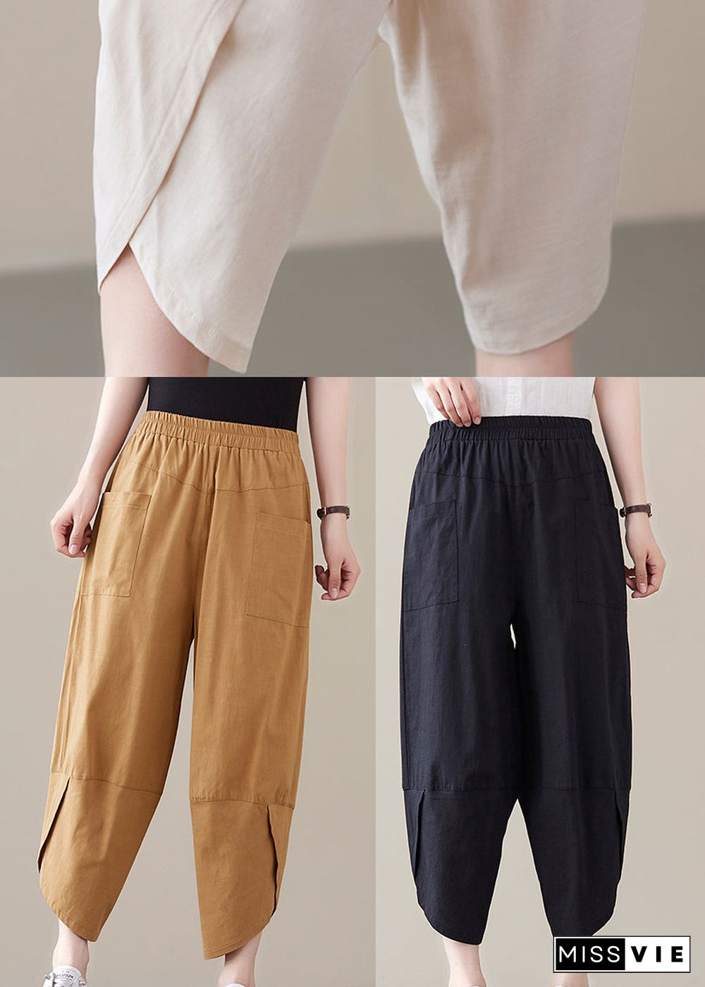 Bohemian Khaki pocket Patchwork Cotton Pants Spring