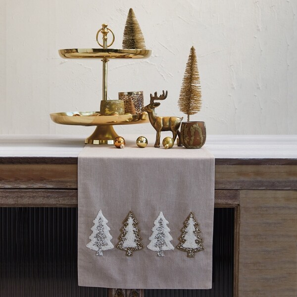 Cotton Chambray Table Runner with Tufted Trees and Glass Beads