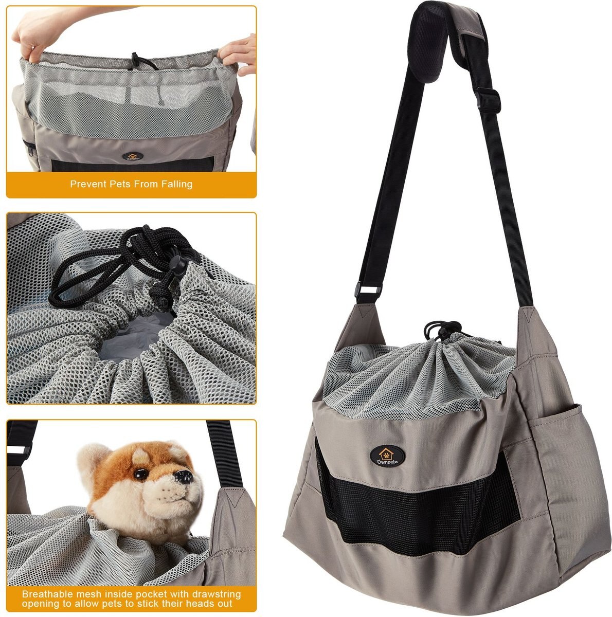 Ownpets Foldable Sling Carrier for Puppies， Small Dogs and Cats， Grey