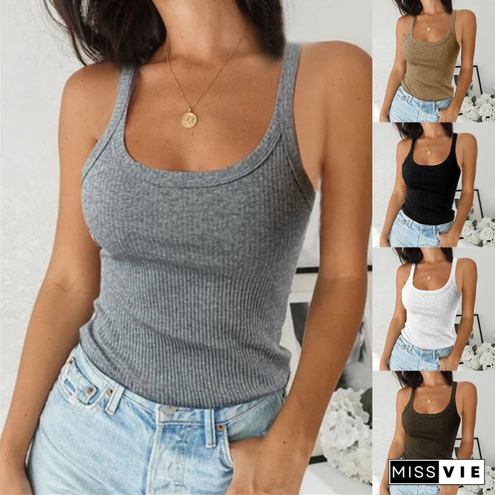 O Neck Summer Knit Vest Top Sleeveless Women Sexy Basic Camisole T-Shirt White Off Shoulder Ribbed Black Tank Top Casual