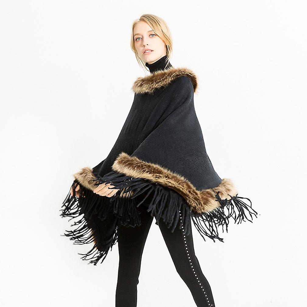 Winter Cape With Faux Fur Collar Pullover Poncho Thciken Sweater Coat With Tassel For Lady