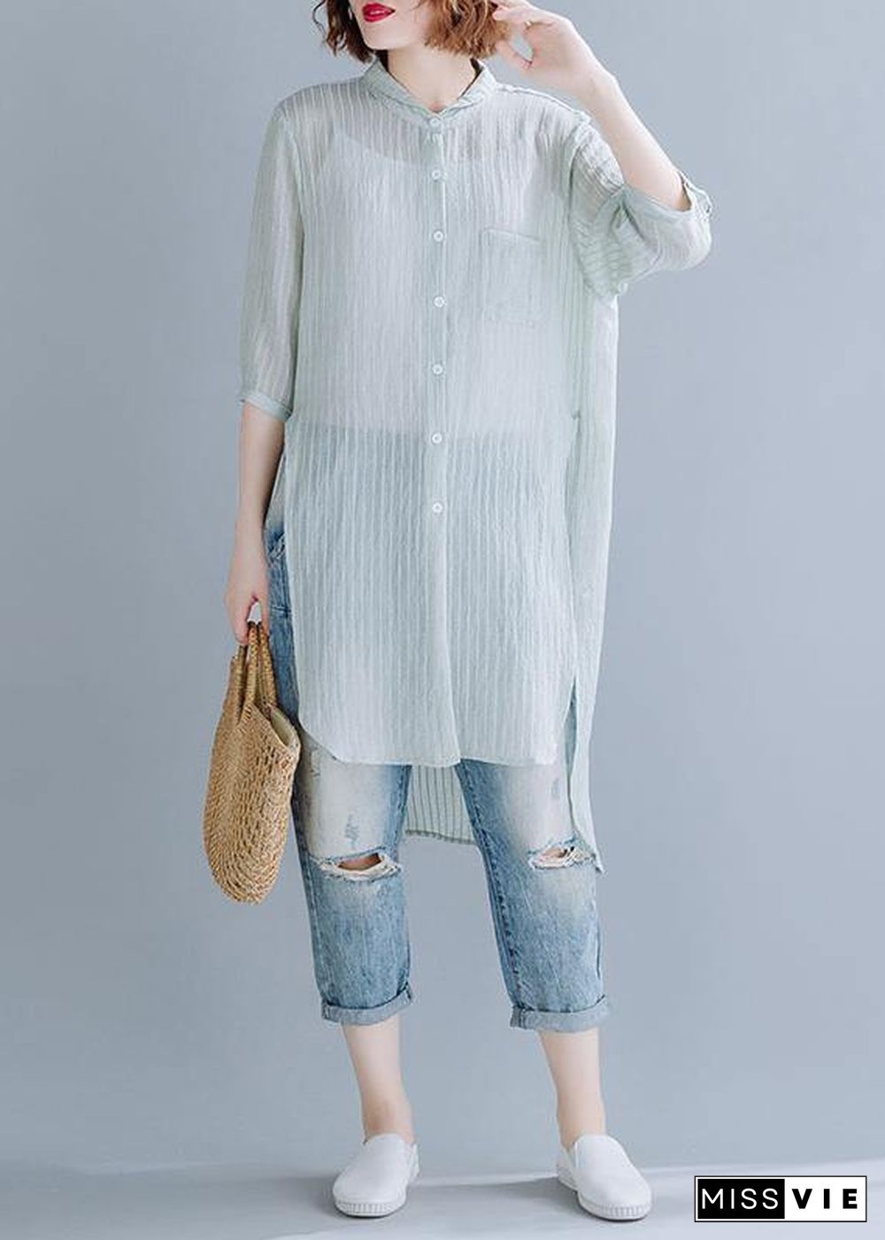 Beautiful light green cotton clothes For Women stand collar oversized shirt