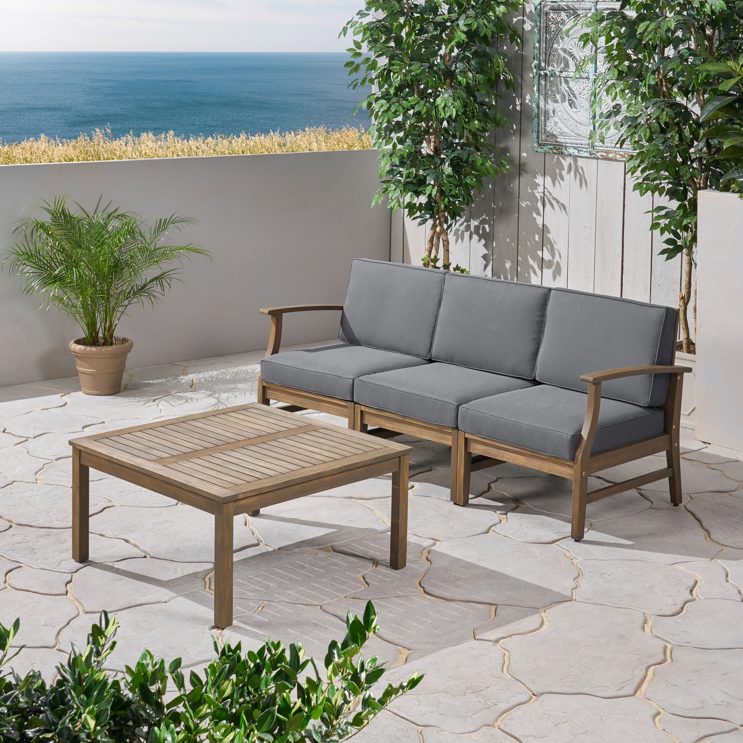 Lorelei Outdoor 4 Piece Acacia Wood Sofa and Coffee Table Set