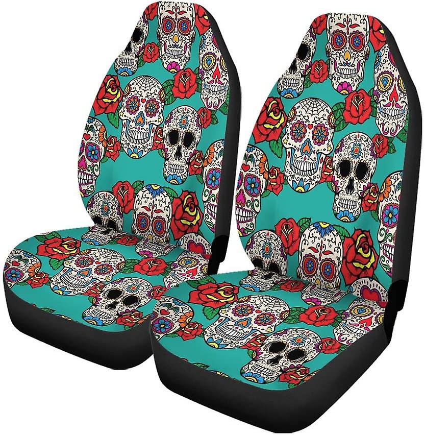 Set Of 2 Car Seat Covers Skull Flower Rose Universal Auto Front Seats Protector Fits For Car，suv Sedan，truck