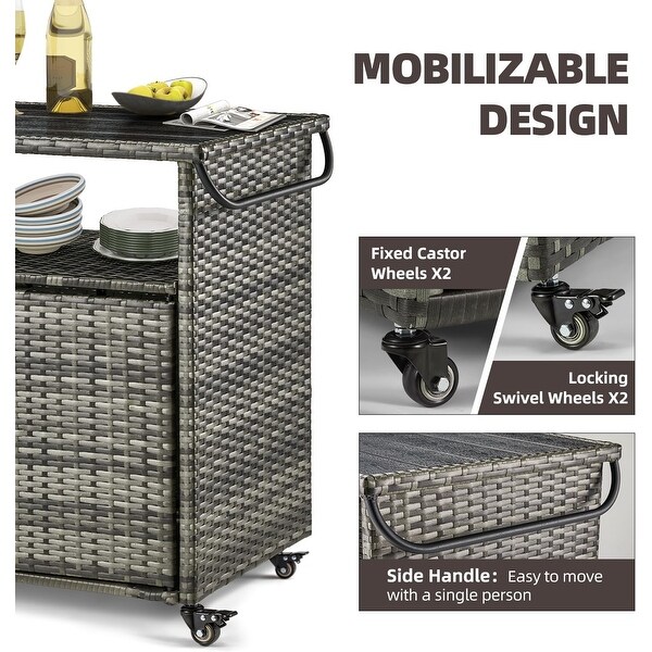 AECOJOY Outdoor Wicker Bar Cart w/Wheels and Shelf Patio Bar Table